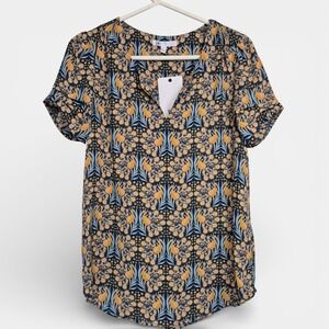 DR2 Womens Size S Peacock Floral Print V Neck Short Sleeve‎ Blouse Shirt Top